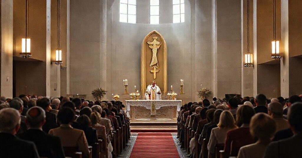 Uroczystość jubileuszowa w parafii NMP Krόlowej w Oławie z modernistycznym "abp" Józefem Kupnym na tle zestawionych sakramentów i pustego tronu Maryi