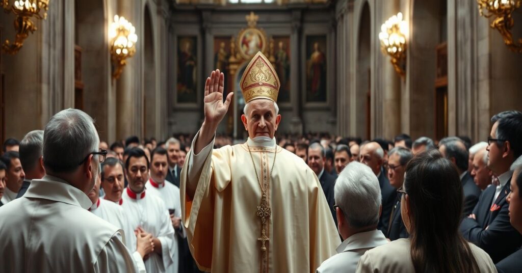 Scena z rzekomego "Papieża" Leona XIV podczas inscenizacji "Mszy Świętej" w Watykanie; neo-liturgia pozbawiona tradycyjnej sakralności.