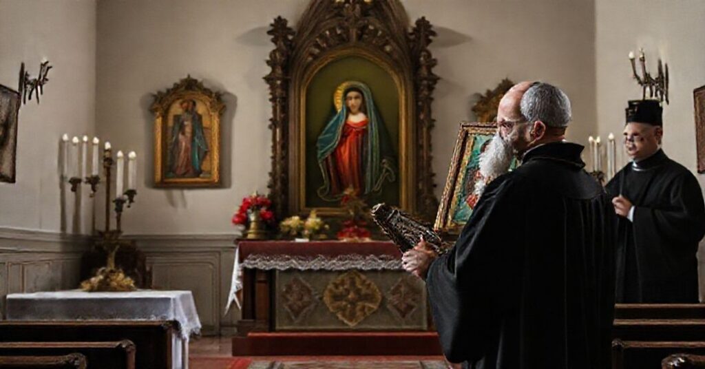 Tradycyjne wnętrze kaplicy katolickiej z ostrzeżeniem przed neomaryjnym synkretyzmem i fałszywą pobożnością