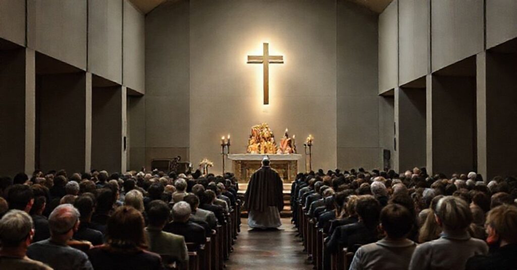 Wizerunek neomodernistycznej kaplicy wieczystej adoracji w Makowie Mazowieckim z fałszywym biskupem Szymonem Stułkowskim prowadzącym zdeformowaną inscenizację uroczystości Chrystusa Króla.