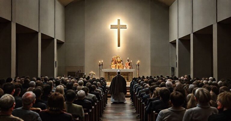 Wizerunek neomodernistycznej kaplicy wieczystej adoracji w Makowie Mazowieckim z fałszywym biskupem Szymonem Stułkowskim prowadzącym zdeformowaną inscenizację uroczystości Chrystusa Króla.