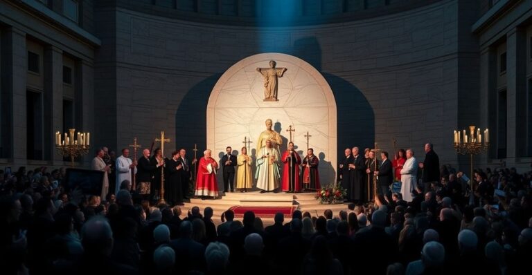 Uroczysty ceremoniał w Rzymie przy grobie "św. Jana Pawła II" z udziałem neomodernistycznego biskupa i fałszywego kardynała. Scena przedstawia tłumną uroczystość z uczestnikami trzymającymi nowoczesne banery i krzyże, otoczonych przedmiotami religijnymi. Atmosfera jest poważna, sztuczne oświetlenie rzuca dramatyczny cień na marmurowy grób, podkreślając podstępny charakter wydarzenia. Tło subtelnie nawiązuje do nowoczesnej architektury Watykanu, łącząc stare i nowe elementy w sposób, który wydaje się nienaturalny i disonansowy. Zdjęcie przekazuje uczucie fałszywego szacunku i błędnego nabożeństwa, uchwycając istotę neomodernistycznej farsy podczas "Jubileuszu Świata Wychowania"