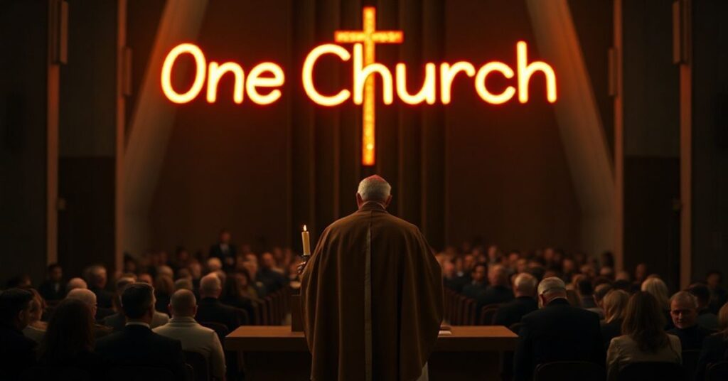 Smutny widok w neomodernistycznej "katedrze" w Opolu podczas kazania "biskupa" Waldemara Musiała. Modernistyczny ołtarz i minimalne symbole krzyża symbolizują postkoncyliarną apostazję.