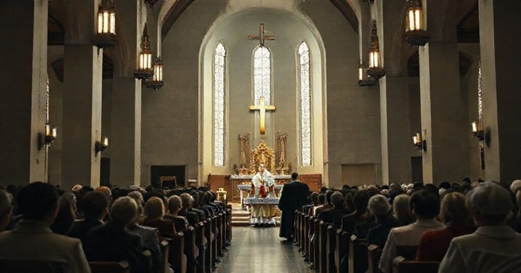 Wnętrze kościoła Katolickiego z grupą wiernych podczas spotkania prowadzonego przez kleryka w szatach liturgicznych, symbolizujące neomoderanistyczną utopię 'wspólnoty' bez Chrystusa Króla. Tabernakulum jest przesunięte, a ołtarz jest nowoczesny, odzwierciedlający Novus Ordo. Atmosfera jest ponura, brak uroczystości i tradycyjnych elementów.