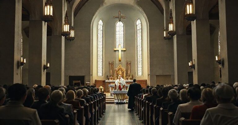 Wnętrze kościoła Katolickiego z grupą wiernych podczas spotkania prowadzonego przez kleryka w szatach liturgicznych, symbolizujące neomoderanistyczną utopię 'wspólnoty' bez Chrystusa Króla. Tabernakulum jest przesunięte, a ołtarz jest nowoczesny, odzwierciedlający Novus Ordo. Atmosfera jest ponura, brak uroczystości i tradycyjnych elementów.