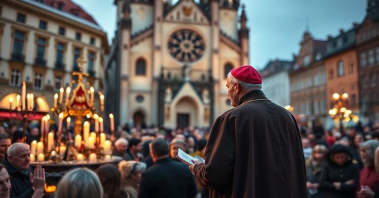 Scena z Tradycyjnej Vigilii na Rynku Głównego w Krakowie z 'kardynałem' Grzegorzem Rysiem i tłumem słuchaczy