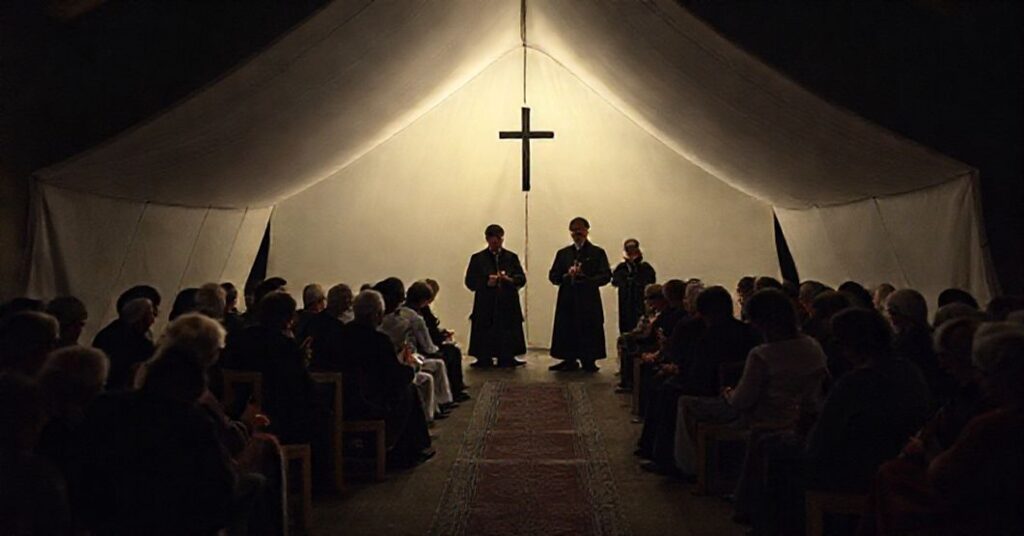 Grupa ludzi uczestniczących w neomodernistycznym spotkaniu modlitewnym w Bydgoszczy, z kontrastem pomiędzy tradycyjnymi katolickimi praktykami a nowoczesnymi eksperymentami duchowymi.