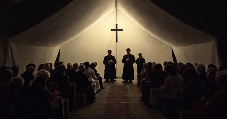 Grupa ludzi uczestniczących w neomodernistycznym spotkaniu modlitewnym w Bydgoszczy, z kontrastem pomiędzy tradycyjnymi katolickimi praktykami a nowoczesnymi eksperymentami duchowymi.