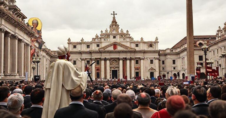 Scena na Placu św. Piotra w Watykanie przedstawiająca fałszywego 'Leona XIV' podczas modlitwy Anioł Pański. W tle widoczna jest tradycyjna ikonografia św. Szczepana Pierwszego Męczennika, z poważną atmosferą odzwierciedlającą krytykę neomodernistycznych deformacji wiary.