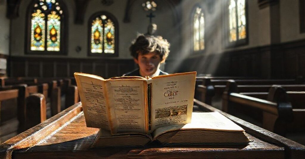 Tradycyjny wnętrze kościoła z zawieszoną książką Don Kichota i współczesną fantazją 'Katabaza' na ławce. Młody człowiek rozmyślny w świetle witraża.
