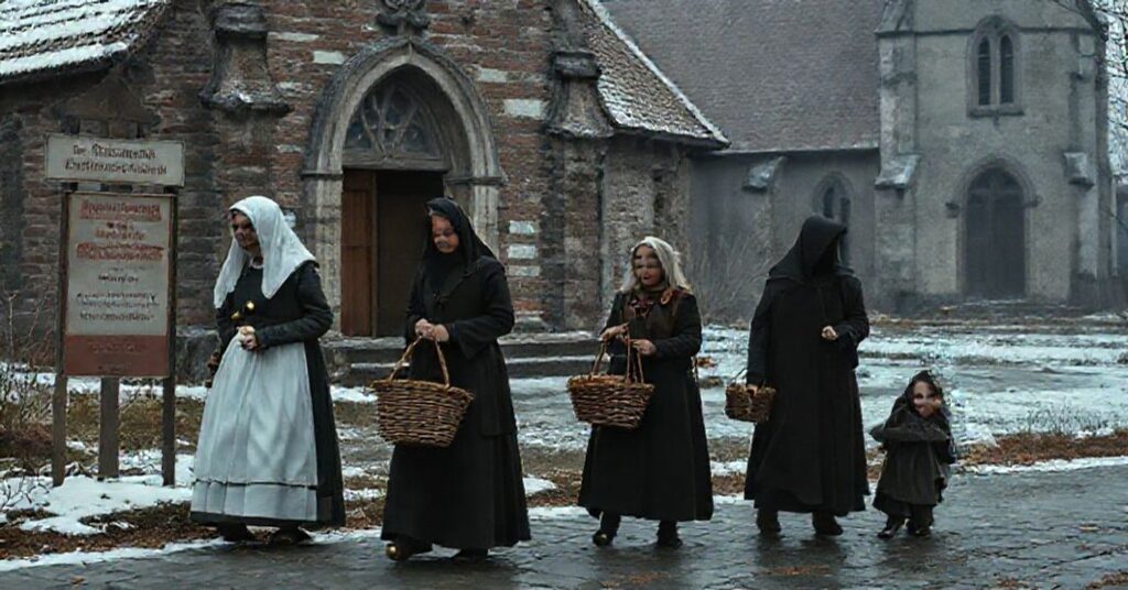 Ciemna scena w Elblągu przedstawiająca tradycyjne katolickie kobiety podczas Adwentu w kontrast z neopogańskimi 'mateczkami' z koszami i dzwonek. Tło to opuszczony kościół symbolizujący duchowe niebezpieczeństwo synkretyzmu.