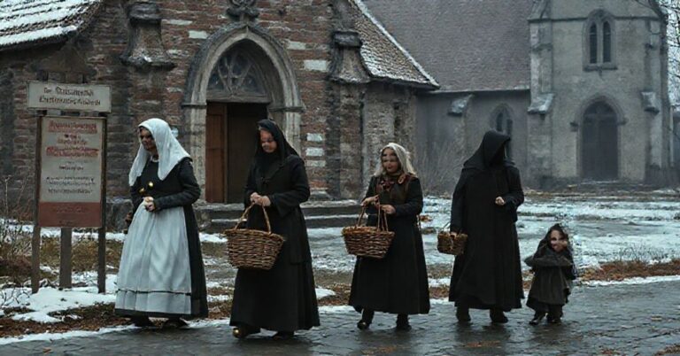 Ciemna scena w Elblągu przedstawiająca tradycyjne katolickie kobiety podczas Adwentu w kontrast z neopogańskimi 'mateczkami' z koszami i dzwonek. Tło to opuszczony kościół symbolizujący duchowe niebezpieczeństwo synkretyzmu.