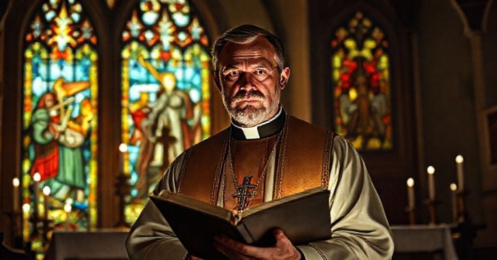 Ksiądz w tradycyjnym stroju kościelnym trzymając Biblię z wyraźną obawą na twarzy, stojący w ciemnej kościelnej nawie. Na tle ołtarza z świecami i krzyżem widoczne jest przez witraże poganskie obrzędy z pochodniami.