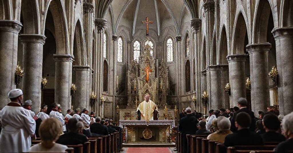 Wnętrze neoromańskiego kościoła św. Marcina w Połaniecu podczas fałszywej liturgii pod przewodnictwem pseudobiskupa Krzysztofa Nitkiewicza.