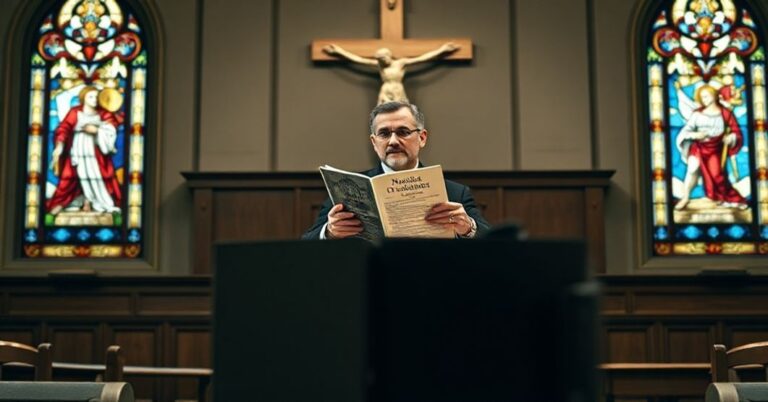 Solemne akademickie środowisko z tradycyjnym katolickim wykładowcą przy katedrze prezentującym wykład o nauce św. Tomasza z Akwinu o miłości. Na tle duży krzyż i witraże przedstawiające klasyczne motywy katolickie. Wykładowca trzyma rękopis zatytułowany 'Nauka św. Tomasza z Akwinu o miłości', podczas gdy na dalszym planie widoczne są książki filozoficzne Maxa Schelera.