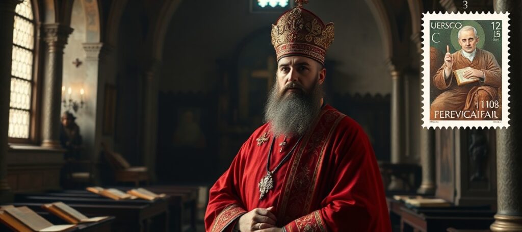 Obraz przedstawiający Nersesa IV Sznorhali w tradycyjnych szatach liturgicznych w średniowiecznym kościele ormiańskim z elementami współczesnej interpretacji jego dziedzictwa