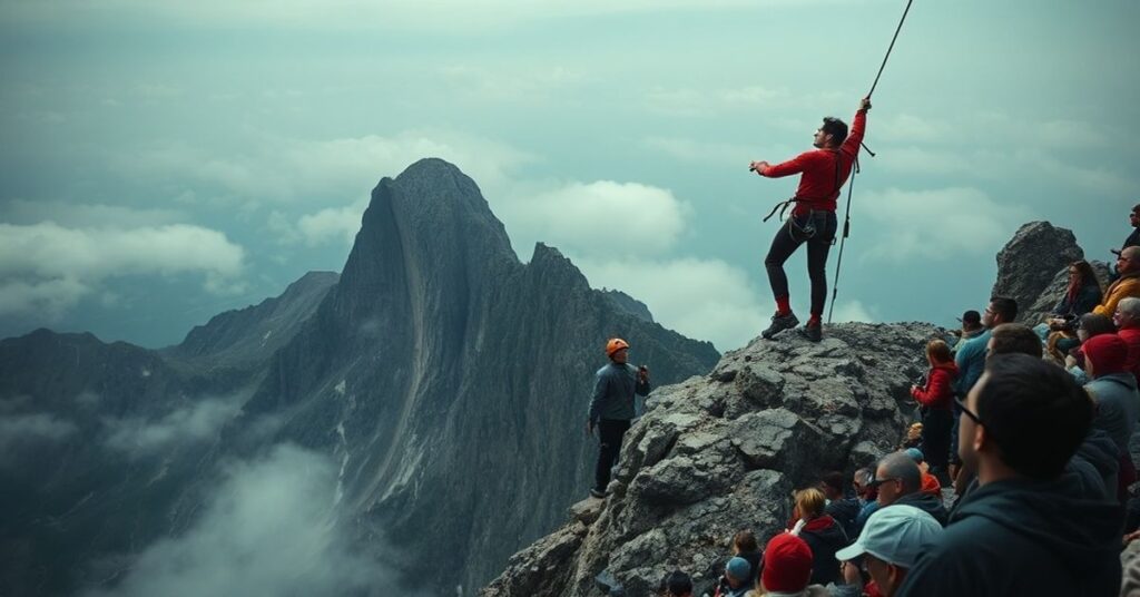 Realistyczny obraz wspinacza Alexa Honnolda na Taipei 101 bez zabezpieczeń, w tłu tłum widzów. Scena ukazuje moralną pustkę współczesnej rozrywki i degradację godności ludzkiej.