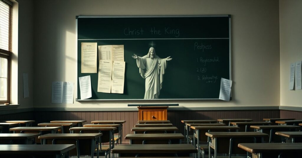 Pusty klasowy pokój z tablicą prezentującą sekularne kritingi egzaminacyjne. W tle widnieje cień Chrystusa-Króla przesłonięty dokumentami biurokratycznymi. Scena symbolizuje absencję Boga w nowoczesnym systemie edukacji.