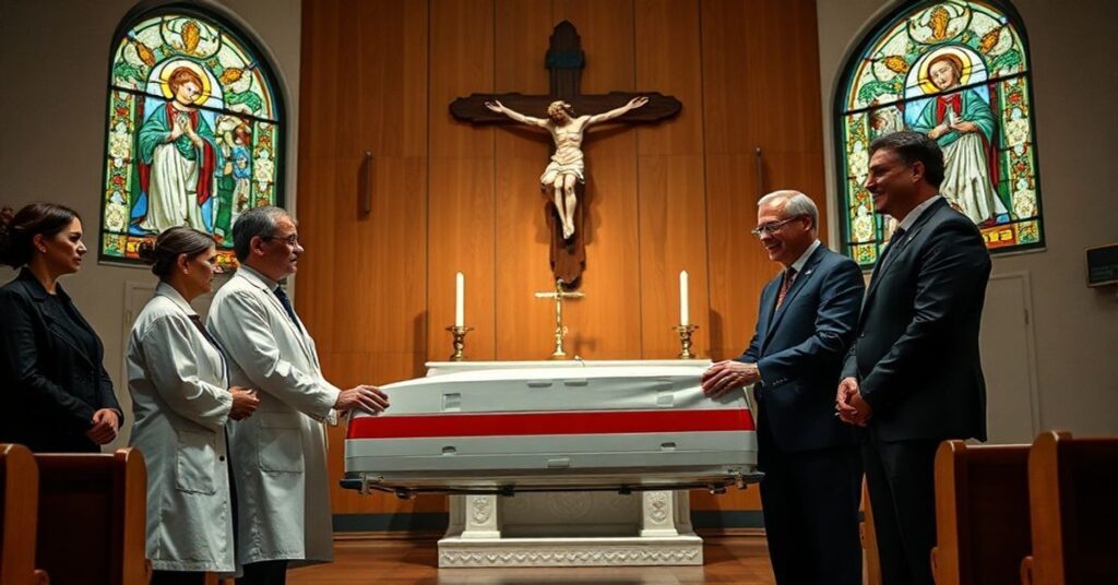 Nowoczesna karetka neonatologiczna w kaplicy szpitalnej z krzyżem i ołtarzem na tle