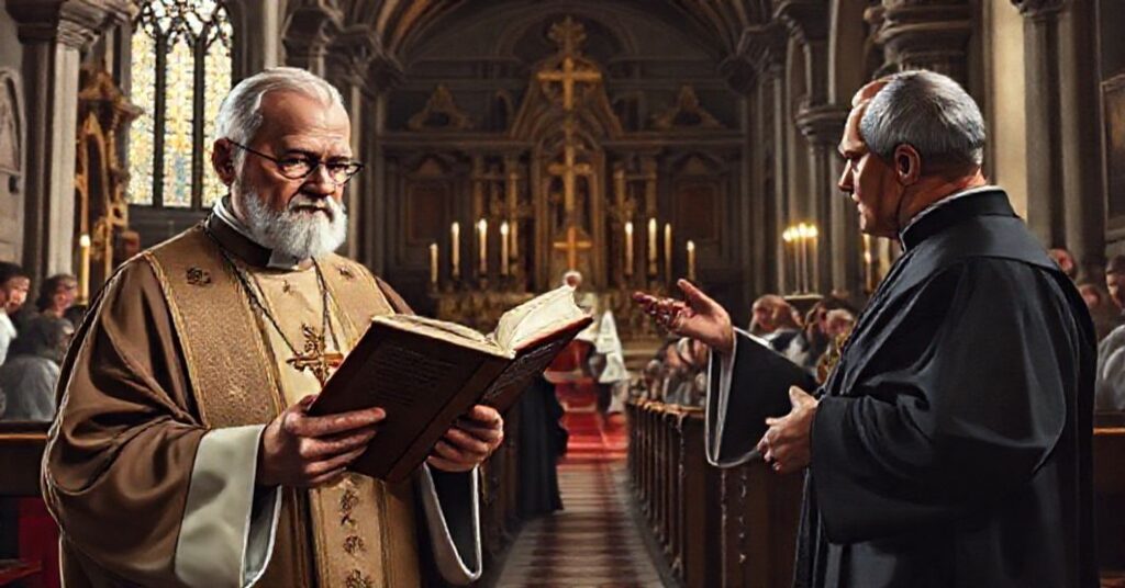 Podobizna tradycyjnego księdza z księgozbiorem dokumentów Piusa X w kościele trynitarnym