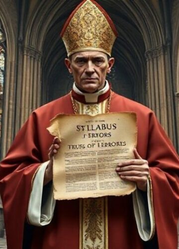 Nowoczesna Mistyfikacja: Newman i Iluzja Angielskiej "Wiosny" Sobieszcząca scena przedstawiająca tradycyjnego katolickiego duchownego z dokumentem Syllabus Errorum Piusa IX przed gotycką katedrą w Anglii.