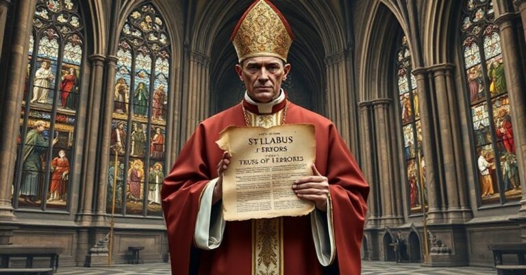 Sobieszcząca scena przedstawiająca tradycyjnego katolickiego duchownego z dokumentem Syllabus Errorum Piusa IX przed gotycką katedrą w Anglii.