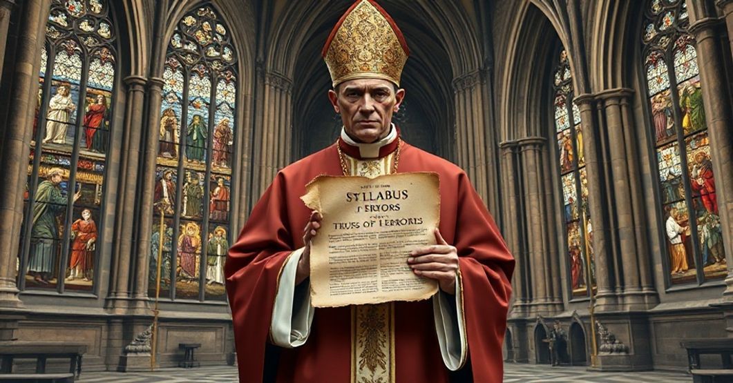 Nowoczesna Mistyfikacja: Newman i Iluzja Angielskiej "Wiosny" Sobieszcząca scena przedstawiająca tradycyjnego katolickiego duchownego z dokumentem Syllabus Errorum Piusa IX przed gotycką katedrą w Anglii.