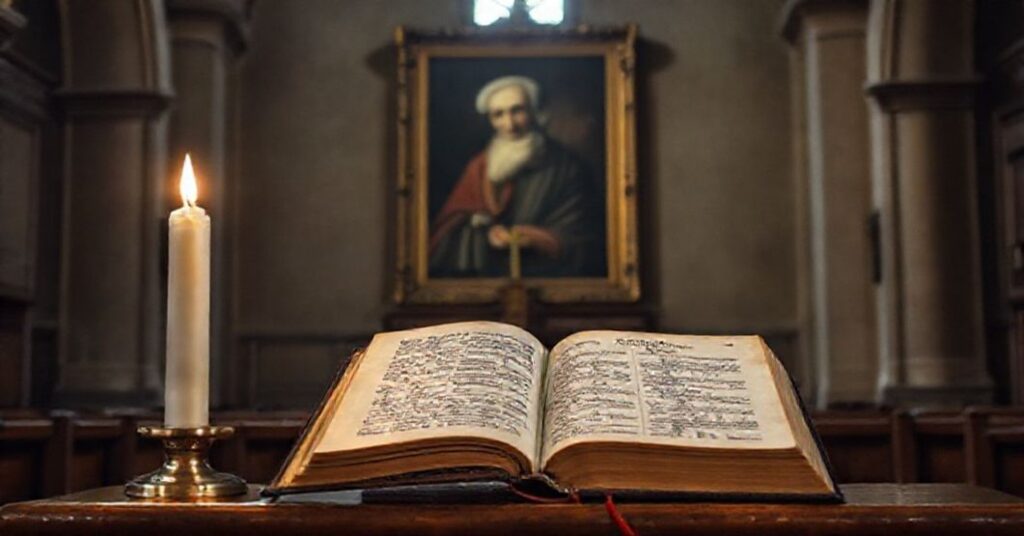 Wnętrze tradycyjnego kościoła katolickiego z ołtarzem i książką Newmana "Rozwój doktryny" na ambonie.