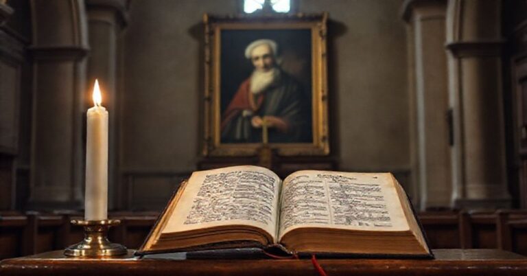 Wnętrze tradycyjnego kościoła katolickiego z ołtarzem i książką Newmana "Rozwój doktryny" na ambonie.