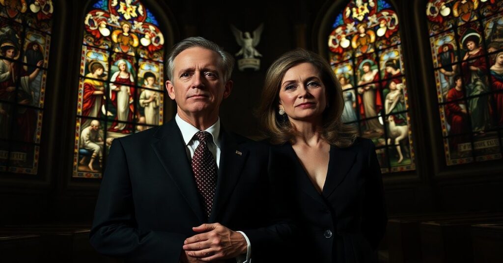 Portret Gavina Newsoma i jego żony Jennifer Siebel Newsom w katedrze, symbolizujący moralny upadek polityki współczesnej