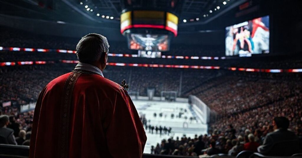 Katolicki ksiądz w tradycyjnym ornamentach stoi przed ciemnym stadionem hokejowym, trzymając krzyż, podczas gdy tłum ogląda trailer na tematy LGBT.