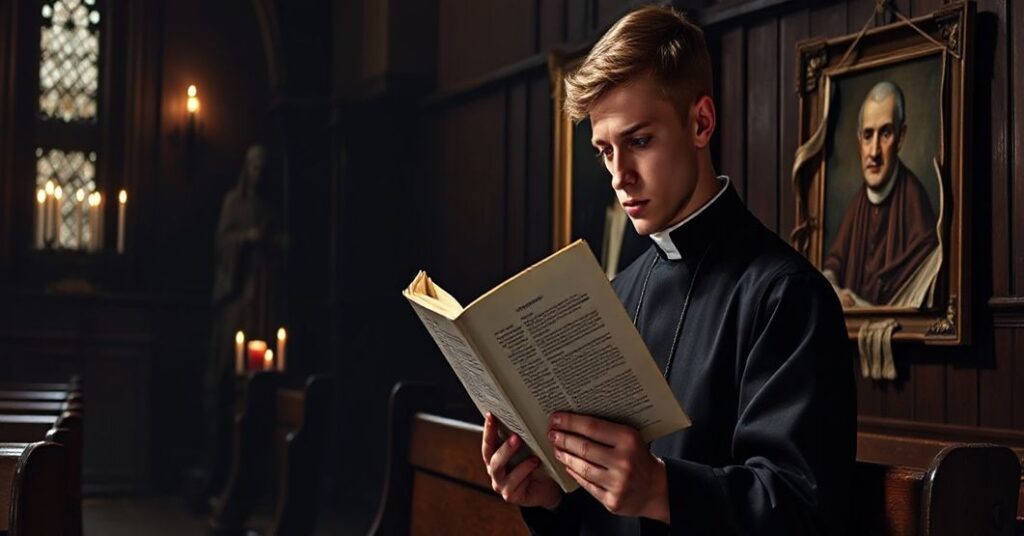 Przerażające konsekwencje herezji Johna Henry'ego Newmana, przedstawione w tradycyjnym katolickim wnętrzu z książką Piusa X.