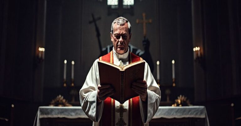 Katolicki księż w tradycyjnym stroju liturgicznym trzyma mszał z widocznymi słowami 'Nostra Aetate', wyrażając głęboki smutek w kościele. Tło przedstawia ciemne wpływy modernizmu.