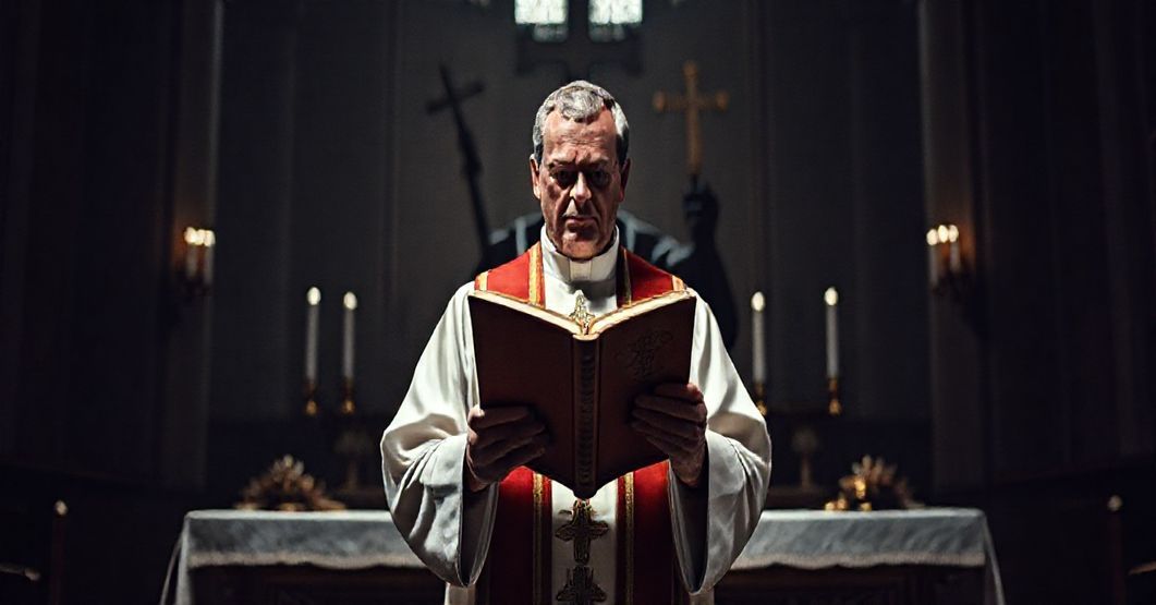 Katolicki księż w tradycyjnym stroju liturgicznym trzyma mszał z widocznymi słowami 'Nostra Aetate', wyrażając głęboki smutek w kościele. Tło przedstawia ciemne wpływy modernizmu.