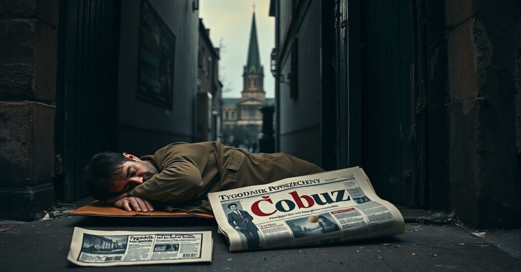 Mężczyzna śpi na kartonach w brudnej ulicy Londynu w 2026 roku z widocznym plakatem filmu "Łobuz" w tle.