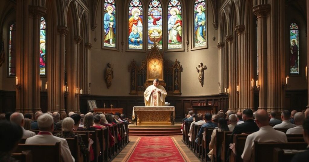 Wnętrze kościoła katolickiego podczas Niedzieli Gaudete, z tradycyjnym ołtarzem w szatach różowych. Kapłan odprawia Mszę Świętą otoczony modlącymi się wiernymi. Witraże przedstawiają sceny Narodzenia Chrystusa.