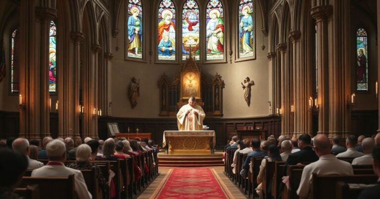 Wnętrze kościoła katolickiego podczas Niedzieli Gaudete, z tradycyjnym ołtarzem w szatach różowych. Kapłan odprawia Mszę Świętą otoczony modlącymi się wiernymi. Witraże przedstawiają sceny Narodzenia Chrystusa.