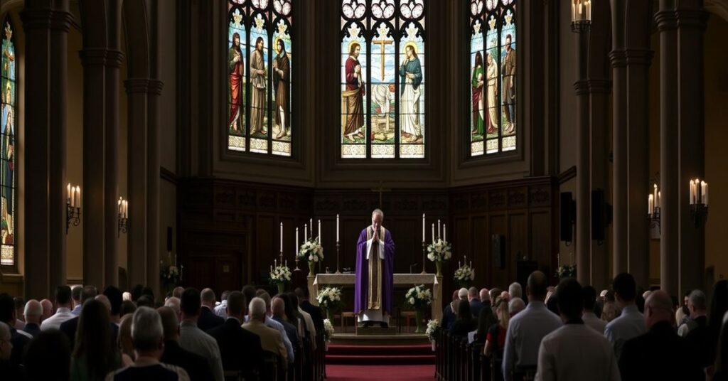 Wnętrze tradycyjnego kościoła katolickiego podczas Niedzieli Laetare - ołtarz ozdobiony liliami i świecami, ksiądz w purpurowej szacie liturgicznej celebruje Mszę Świętą.