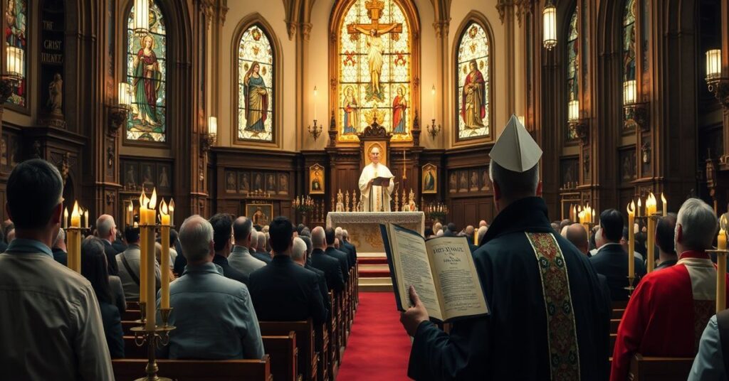 Sobór katolicki w czasie Niedzieli Palmowej 2026 z fałszywym papieżem Leonem XIV na kazalnicy i protestującym sedewakantystą z tekstem 'Quas Primas' Piusa XI