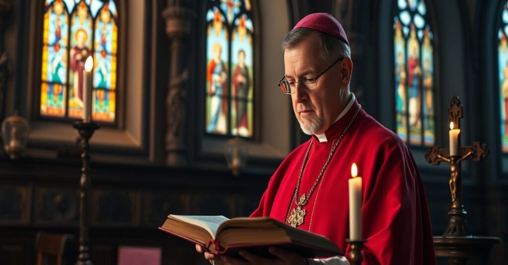 Arcybiskup Tadeusz Wojda SAC trzyma Biblię w tradycyjnym kościele katolickim, symbolizując konieczność Magisterium w interpretacji Pisma Świętego.