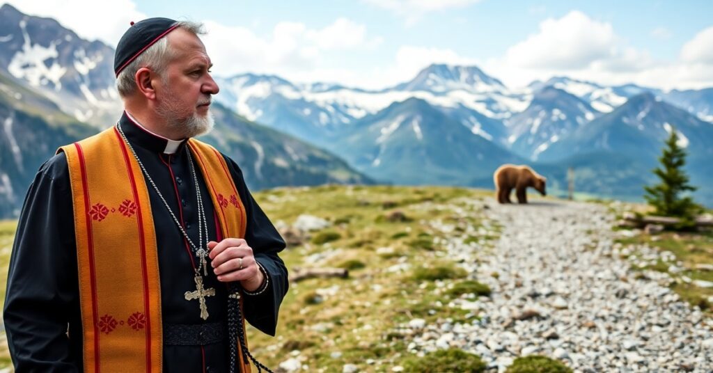 Mężczyzna w tradycyjnym ubraniach katolickich stoi w Tatrach przy szlaku do Morskiego Oka, obserwując niedźwiedzia polującego na łanię. Pejzaż górski podkreśla boski porządek stworzenia.