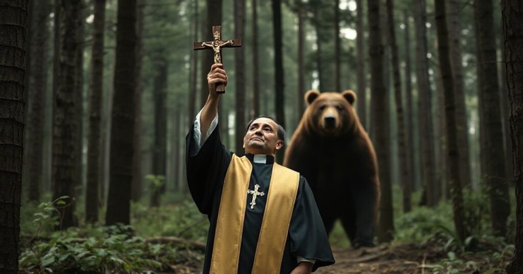 Ksiądz w tradycyjnych szatach liturgicznych stojący w japońskim lesie z podniesionym krzyżem podczas spotkania z niedźwiedziem.