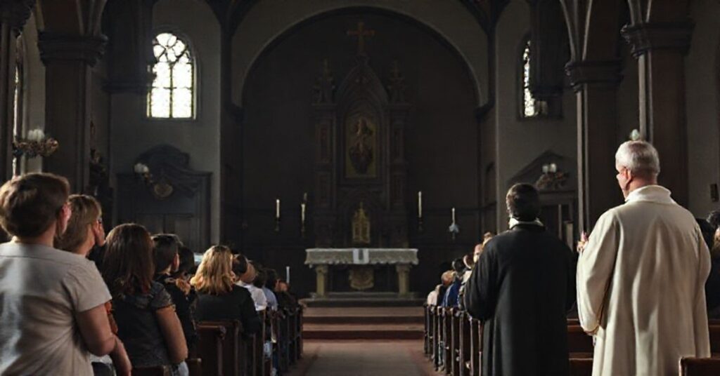 Pusty ołtarz w tradycyjnym kościele katolickim z młodzieżą słuchającą rapera i modernistycznego kapłana.