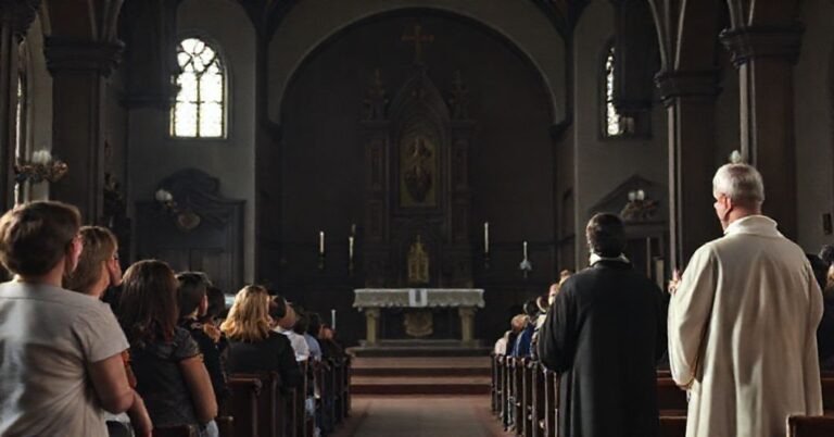 Pusty ołtarz w tradycyjnym kościele katolickim z młodzieżą słuchającą rapera i modernistycznego kapłana.