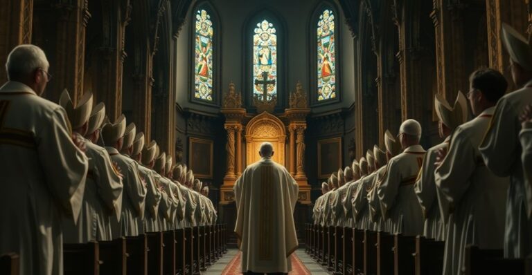 Rewersyjna scena w kościele z duchownymi podczas nielegalnej kanonizacji, ukazująca krytyczny i poważny charakter wydarzenia