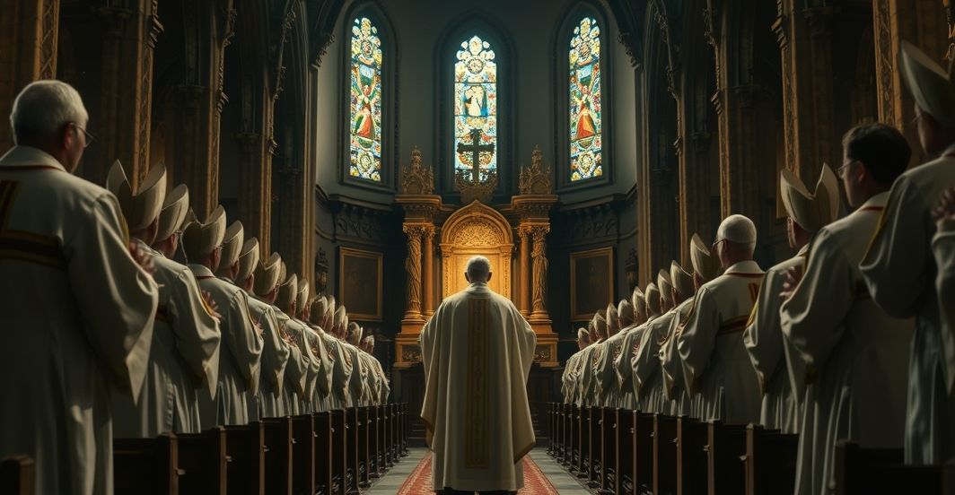 Rewersyjna scena w kościele z duchownymi podczas nielegalnej kanonizacji, ukazująca krytyczny i poważny charakter wydarzenia