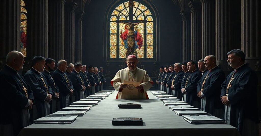 Poważne zebranie biskupów w katedrze z dokumentami i pieczęcią Konferencji Episkopatu Polski na stole. Światełka z witraży rzucają cienie świętych i męczenników na tajemniczą scenę.