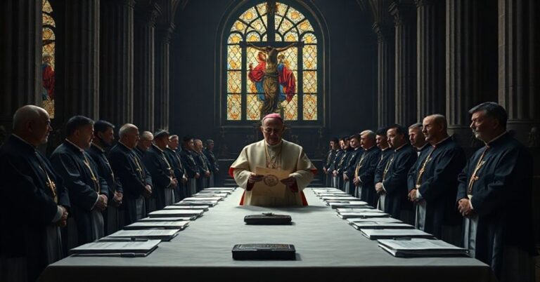 Poważne zebranie biskupów w katedrze z dokumentami i pieczęcią Konferencji Episkopatu Polski na stole. Światełka z witraży rzucają cienie świętych i męczenników na tajemniczą scenę.