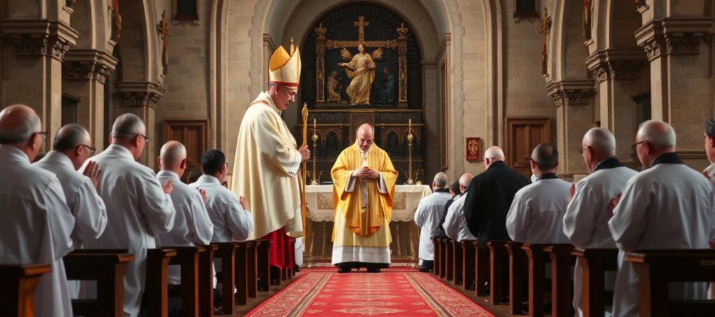 Tradycyjny katolicki biskup w pełnym ornacie liturgicznym dokonuje nielegalnej konsekracji biskupiej w historycznej kaplicy.