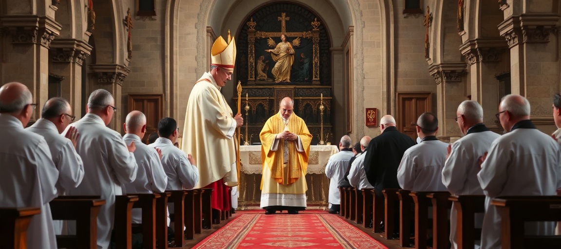 Tradycyjny katolicki biskup w pełnym ornacie liturgicznym dokonuje nielegalnej konsekracji biskupiej w historycznej kaplicy.